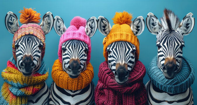 Group of laughing zebras dressed in vibrant winter clothing, including colorful scarves, cozy sweaters, and fluffy hats, standing together against a solid blue background.