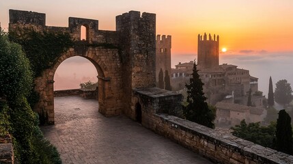 Sunrise over ancient stone archway and castle town.