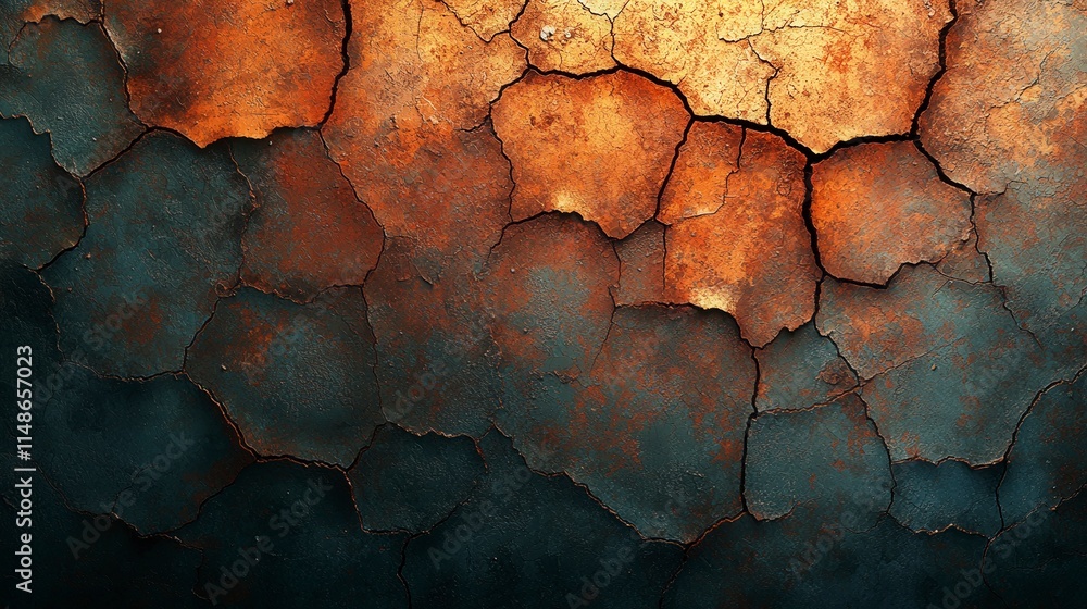 Poster an abstract close-up of cracked paint texture, showcasing unique patterns and color gradients. perfe