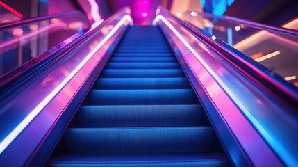 Sleek mocha mousse metal escalator under vibrant lighting in a modern mall