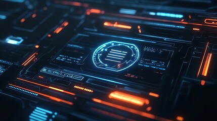 Obraz premium Futuristic tech game user interface frames on a black backdrop with a blazing neon blue line. Generative Ai