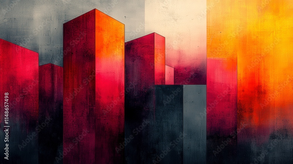 Aufkleber an abstract depiction of skyscrapers using bold colors and geometric shapes, creating a dynamic urba