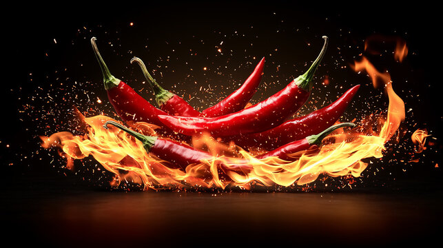 Fiery Red Chili Pepper, with Fire and Sparks on Dark Background