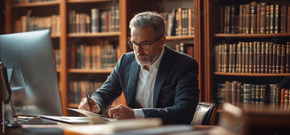 Poster a man writing notes at a desk in a library filled with books.