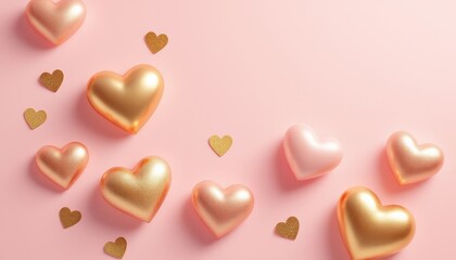 Fototapeta premium Romantic Valentine's Day Background with Golden and Pink Hearts