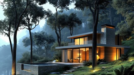Glass Dwelling. Modern glass house with warm lights in forest twilight