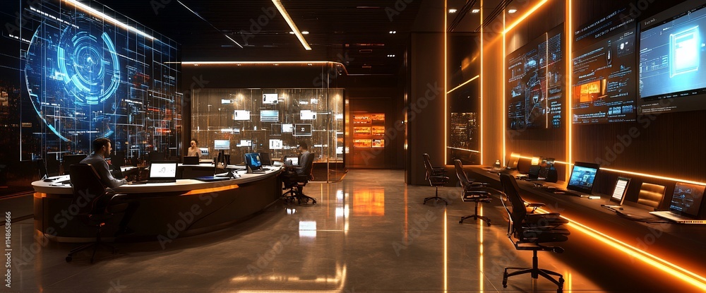 Poster a modern control room with advanced technology and monitoring systems.