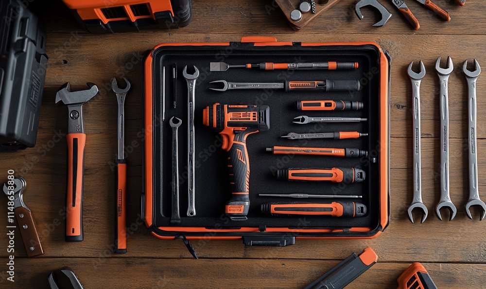 Poster a neatly arranged tool set featuring various hand tools and a power drill.