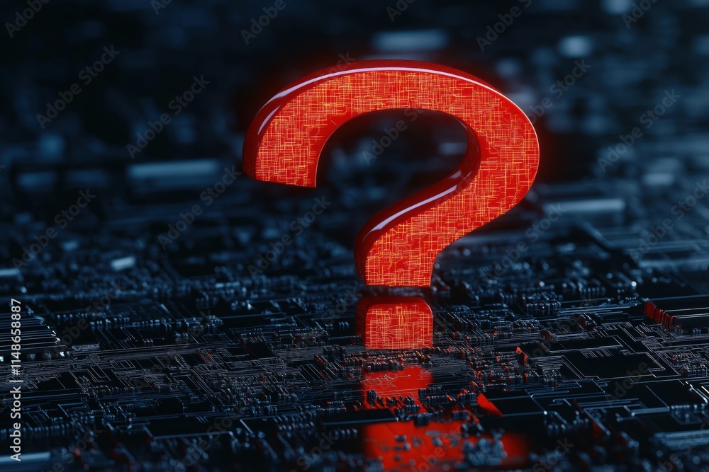 Poster red question mark icon sits on tech circuit board. abstract tech design concept for seeking solution