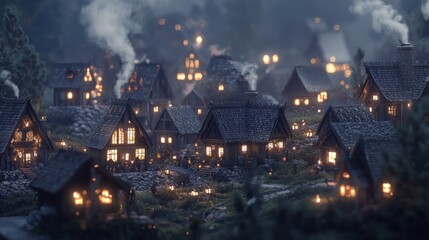 Obraz premium Enchanted Night Village: A Fantasy Village Illuminated