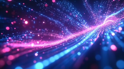 An abstract animation with glowing lines and points as a futuristic sports car races through a network of neon lights and glowing particles. Generative Ai