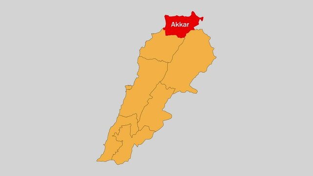 Akkar map animated video. The location is highlighted on the Lebanon map. Colour map with Gray background in video format.