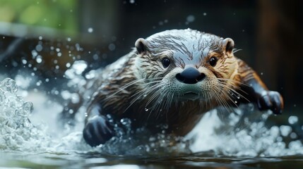Otter Splash. Cute brown otter swimming in clear water splashing fast