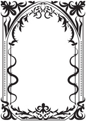 Gothic Ornamental Frame with Intricate Floral Border Line Art Isolated on Transparent Background