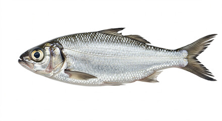 Obraz premium A silvery fish with large scales and a prominent eye against a white background.