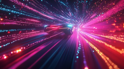 Obraz premium An abstract animation with glowing lines and points as a futuristic sports car races through a network of neon lights and glowing particles. Generative Ai