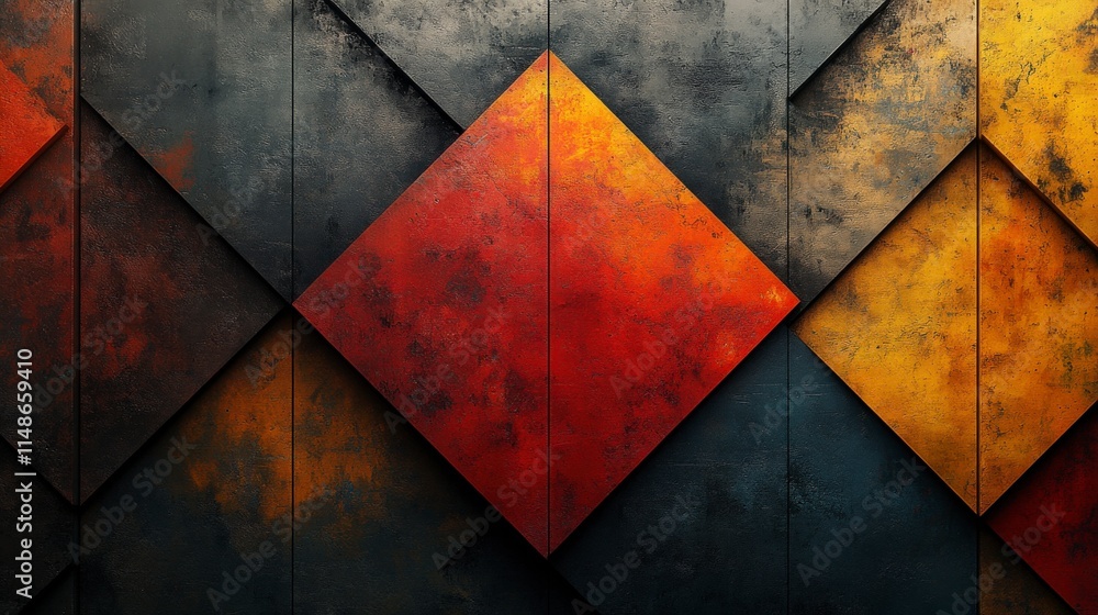 Poster an abstract wall texture featuring geometric shapes and a blend of warm colors, creating a captivati