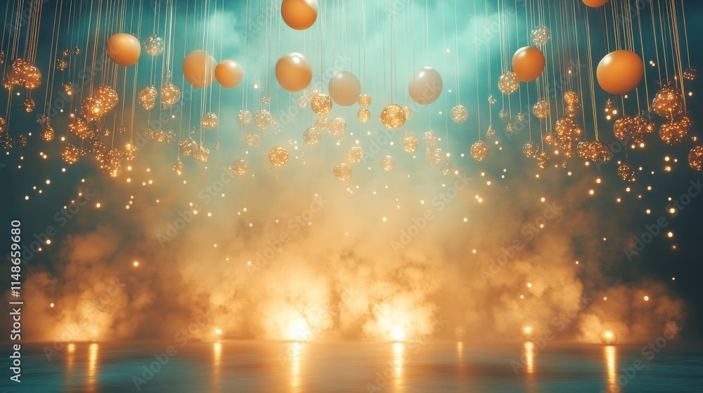 Aufkleber an artistic display of floating spheres and shimmering lights creates a mesmerizing atmosphere, perf