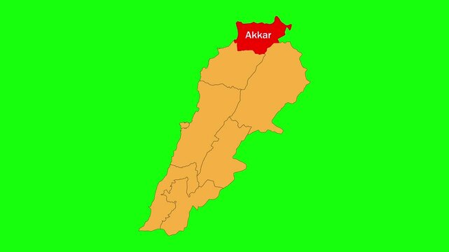 Akkar map animated video. The location is highlighted on the Lebanon map. Colour map with Green screen background in video format.
