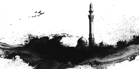 Obraz premium Mosque Silhouette Amidst Abstract Ink Wash Splashes