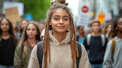 Fototapeta premium Young people march in city streets. Activist group demonstrates for social change. Determined faces express solidarity. Peaceful protest shows commitment to change. Sunny afternoon atmosphere. Urban