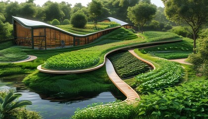 A breathtaking view of contemporary greenhouses nestled within vibrant green fields showcases advanced sustainable agriculture.