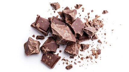 Fototapeta premium Close-up of broken dark chocolate pieces isolated on white.