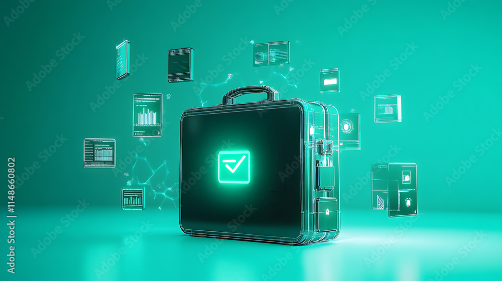 Poster digital business briefcase unveiling innovative solutions virtual workspace infographic design profe