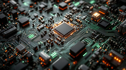 Obraz premium Exploring the intricacies of circuit boards technology hub digital art macro view innovation landscape