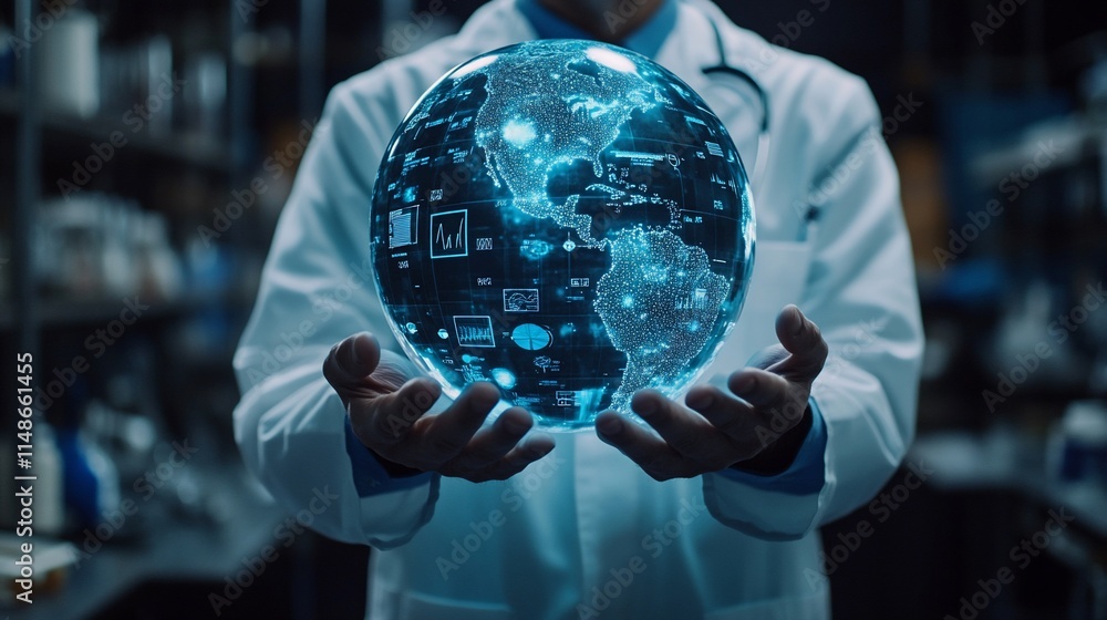 Aufkleber a scientist holds a glowing globe representing global data and technology.