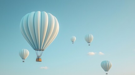 Pastel blue hot air balloons float gracefully against a serene, light blue sky.