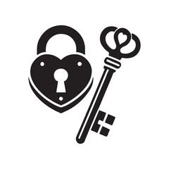  Heart-Shaped Lock and Key silhouette vector art black color design and solid white background 