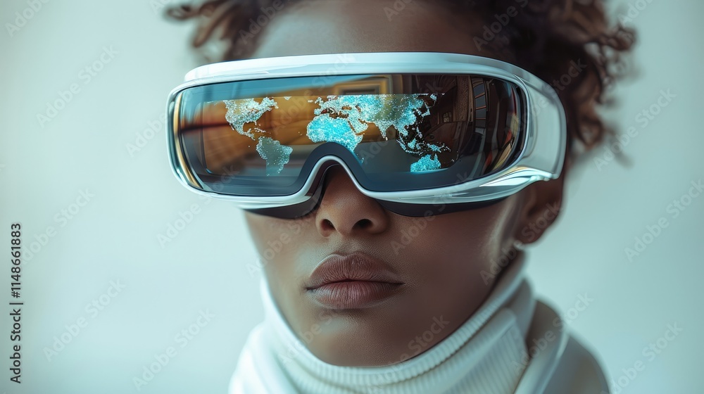 Aufkleber man in white turtleneck wear virtual reality glasses with holographic world map inside and holograph