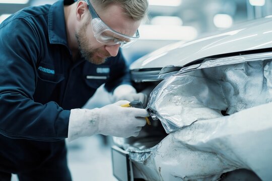 Mechanic in uniform repairs dented car fender. Expert auto body technician works on damaged vehicle. Repair process focuses on flawless restoration of dented parts. Skilled mechanic using tools on