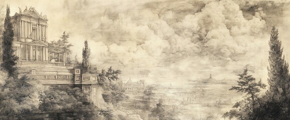 A serene landscape featuring classical architecture and expansive clouds.