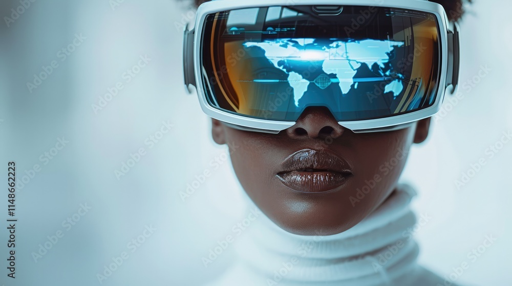 Aufkleber man in white turtleneck wear virtual reality glasses with holographic world map inside and holograph