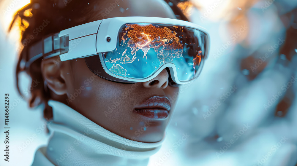 Aufkleber man in white turtleneck wear virtual reality glasses with holographic world map inside and holograph