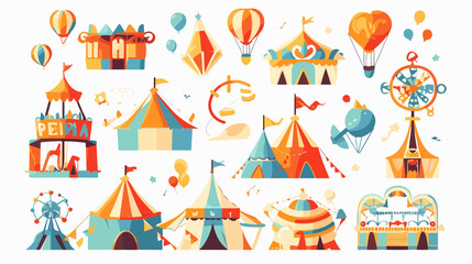 Vibrant Circus Carnival Icons and Colorful Amusement Park Tents Collection