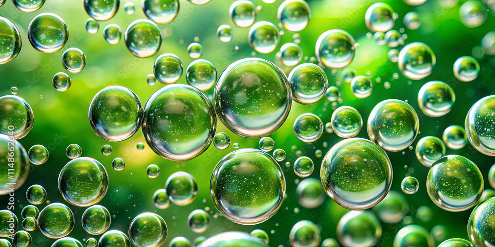Poster numerous shiny bubbles drift through a vibrant green liquid, reflecting light in various patterns. t