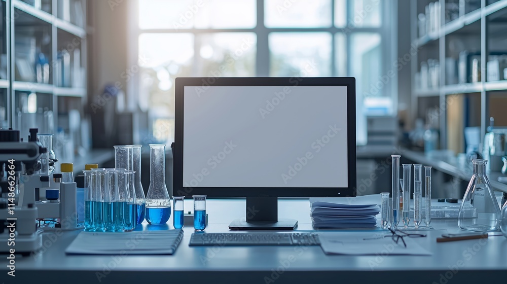 Poster laboratory workspace with computer monitor