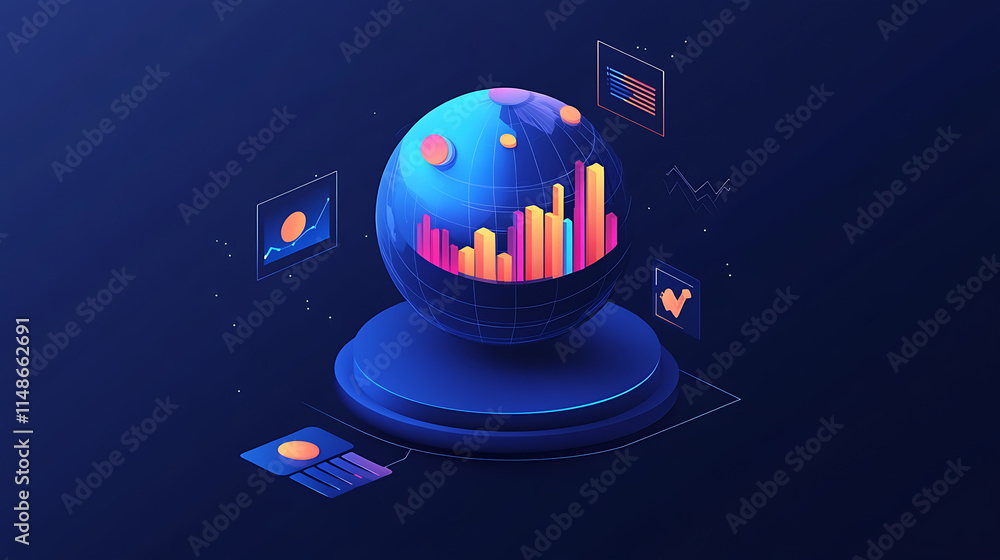 Poster data visualization dashboard global insights infographic design digital space 3d perspective busines