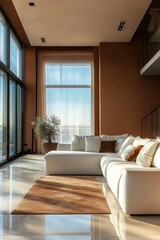 A contemporary living room that showcases a beautiful Mocha Mousse color palette along with a spacious sofa and large panoramic windows, effectively creating a serene, welcoming, and stylish ambiance