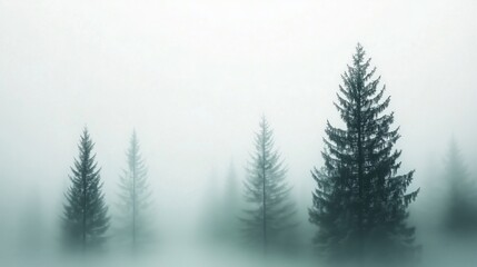 Obraz premium Dense fog envelops towering trees, creating an ethereal atmosphere of solitude and mystery