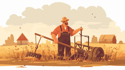Professional Farmer on Field with Plough in Flat Vector Style Isolated