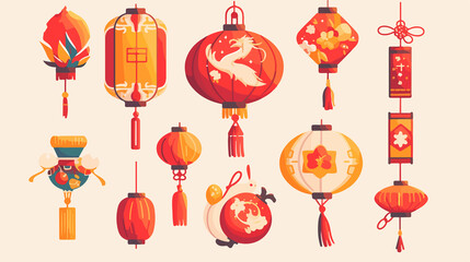 Chinese New Year Vector Icons Set with Paper Lantern