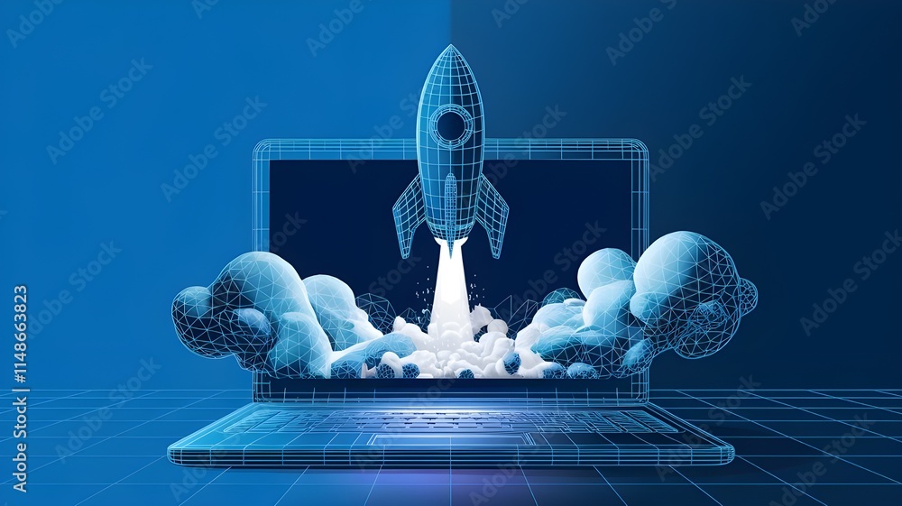 Poster abstract rocket takes off from the laptop screen. spaceship launch with smoke. start up and boosting