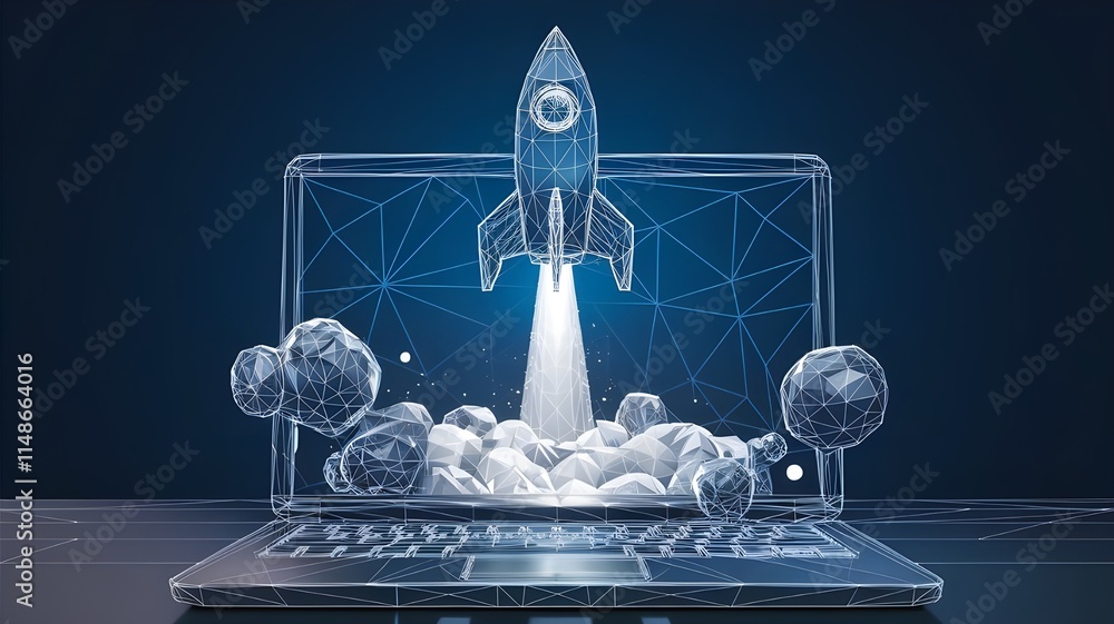 Poster abstract rocket takes off from the laptop screen. spaceship launch with smoke. start up and boosting