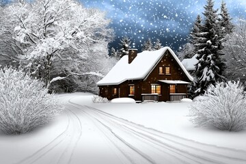 Cozy winter cabin nestled in a snow-covered landscape.