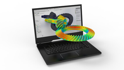 3D rendering - FEA helical gear assembly over a laptop