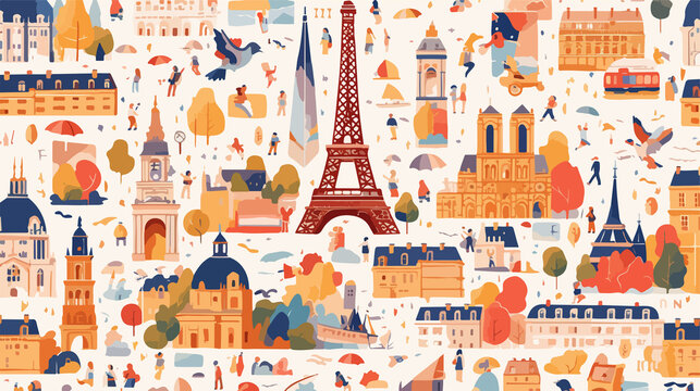 Vibrant Paris City Landmarks Seamless Pattern Background